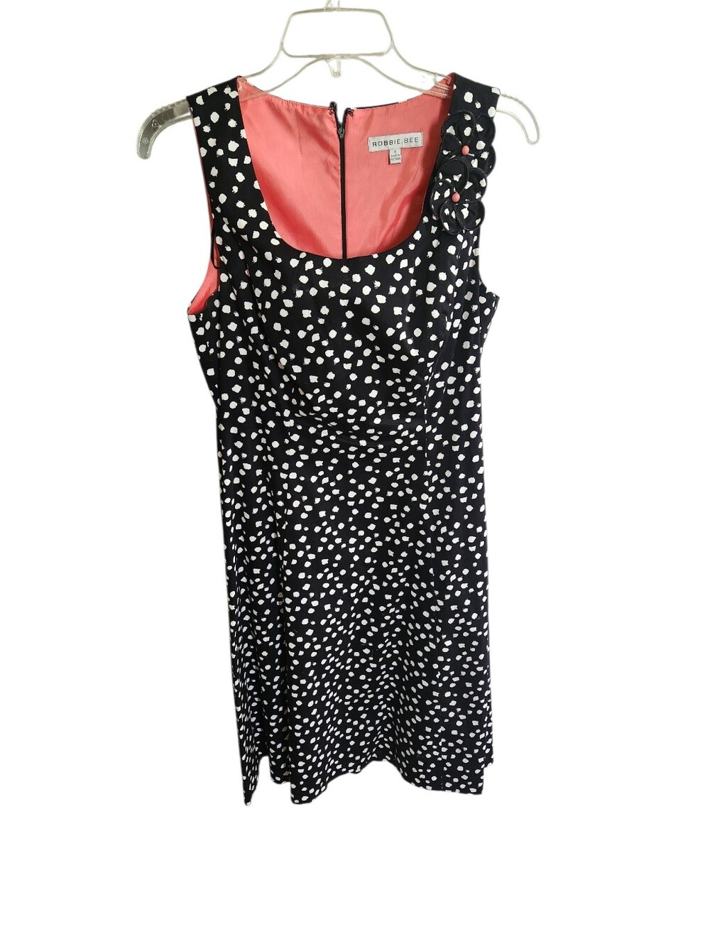Ladies Robbie Bee Black & White Polka Dot Midi Dress with Coral Lining